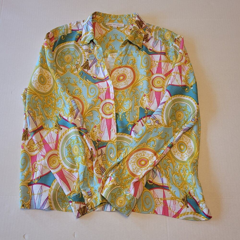 Jane + Delancy Baroque Print Shirt Size L Button Front Scarf Print Boho Resort